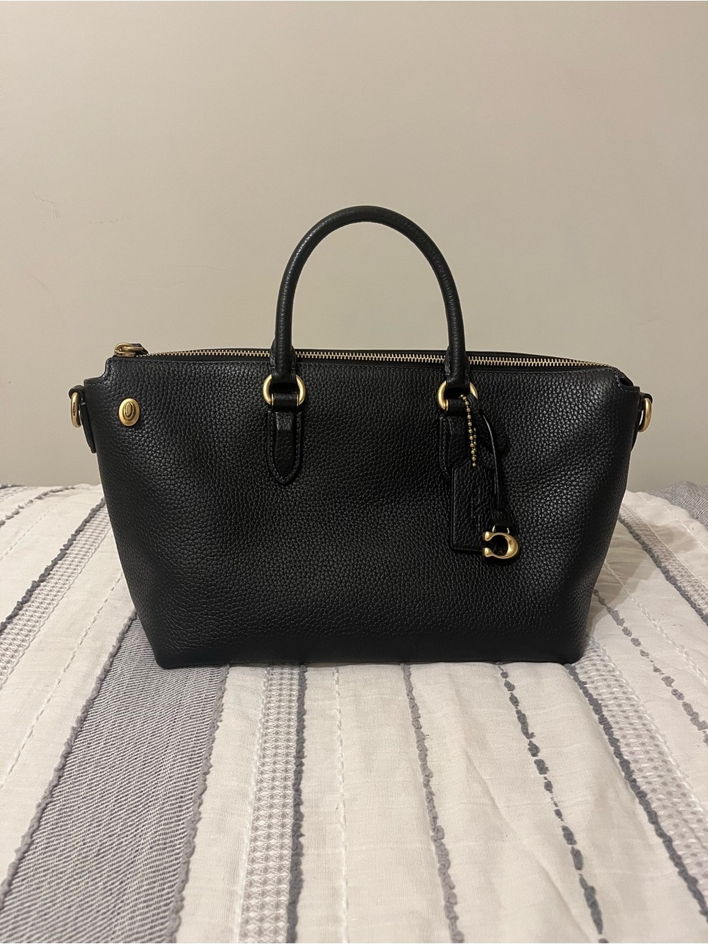 Coach Black Pebbled Leather Top-Handle Satchel with Gold Hardware